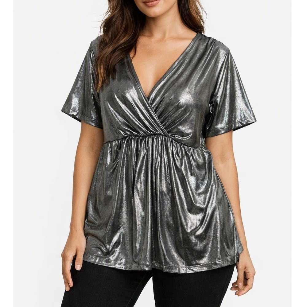 Denim 24/7 Top Silver Metallic Surplice Empire Waist Party Club Holiday Glam L
